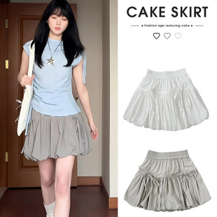 店长强推灰色蓬蓬花苞裙女夏2026新款蝴蝶结短裙高腰显瘦甜美风a