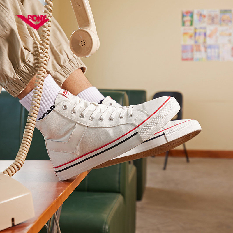 PONY帆布鞋男女情侣经典春夏高帮复古撞色休闲帆布潮搭耐磨透气
