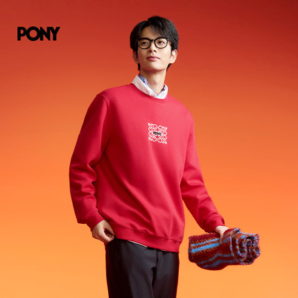 PONY圆领卫衣马年新年红轻量空气层男女同款套头衫261M2GS02