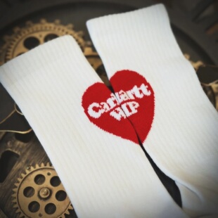 Heart 现货Crht Socks卡哈特男女爱心logo字母提花纯棉中筒袜黑白