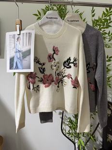 时尚 长袖 宽松上衣女 重工花朵刺绣100山羊绒针织衫 2025秋冬新款