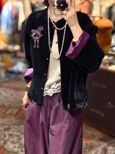 秀而2026早春新款时尚刺绣小马国风真丝丝绒休闲宽松休闲外套女