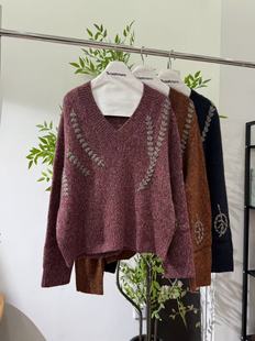 2025早秋新款 V領(lǐng)重工刺繡麥穗山羊絨寬松顯瘦 時(shí)尚