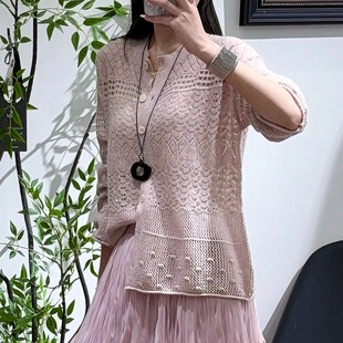 2025早秋新款 女寬松顯瘦 100山羊絨鏤空圓領排扣針織開衫