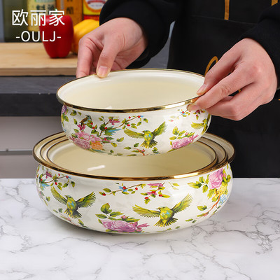 加厚鸟语花香搪瓷碗如意盆面碗老式怀旧素色深形碗汤盆搅拌碗