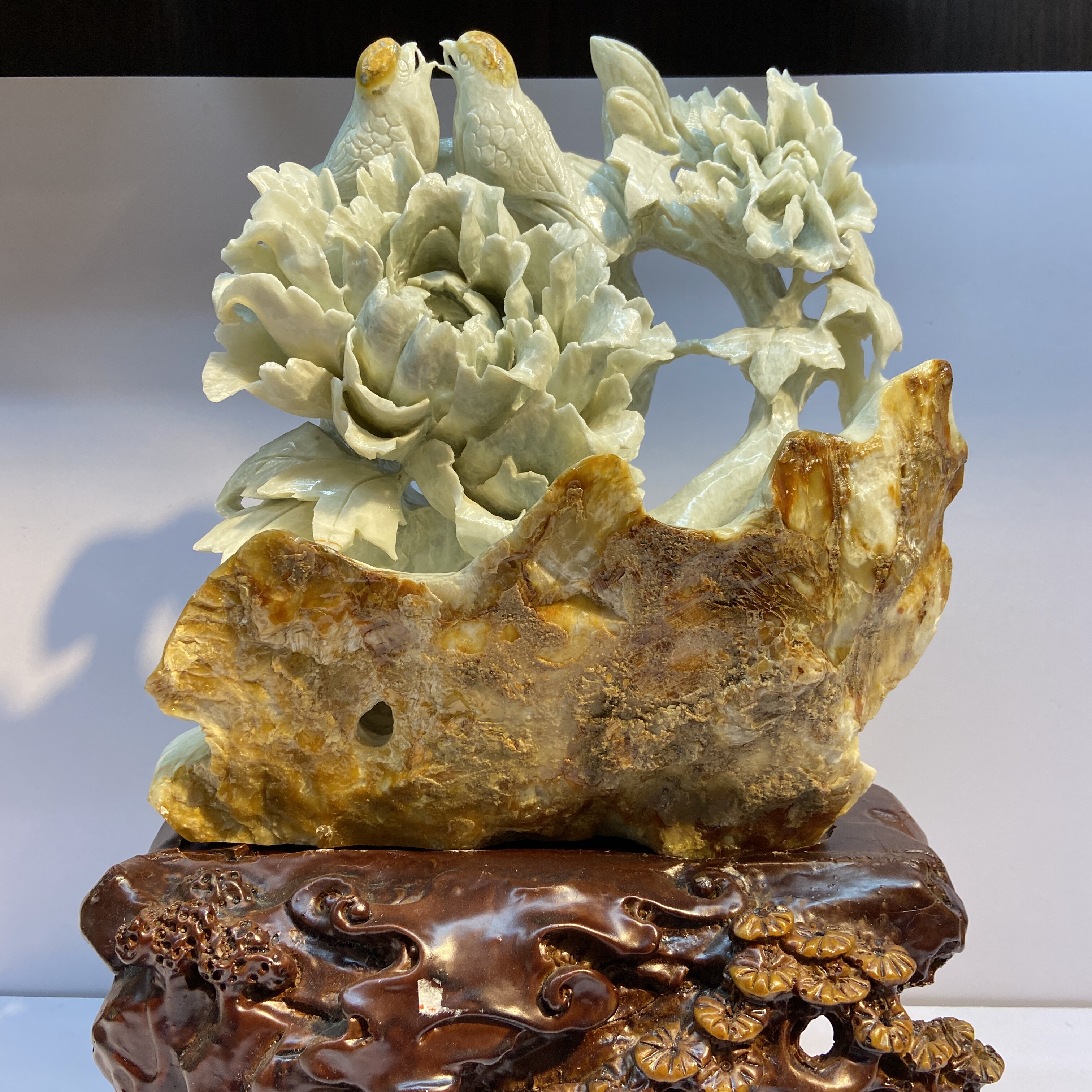 岫玉花开富贵家居摆件手工雕刻新年装饰品珠宝玉器