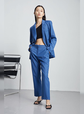 MEST2022年春夏新品蓝色休闲通勤西装长裤直筒显瘦九分中腰女裤