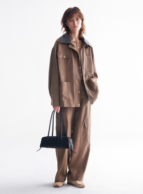 MESTLA春季复古简约羊毛精纺外套可拆皮领多口袋夹克工装裤套装