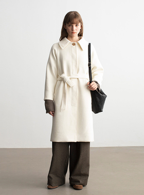 MESTLA复古简约气质米白羊绒大衣保暖宽松立领牛角扣长款毛呢外套