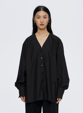 MESTLA英伦风复古长袖黑衬衫女法式v领设计感泡泡袖宽松气质上衣