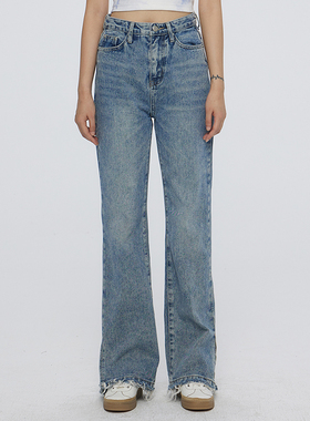 MEST四季直筒女休闲纯棉牛仔裤高腰阔腿拖地流苏开叉显瘦ins潮酷