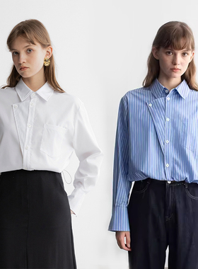 MESTLA英伦复古长袖衬衫抽绳短款显瘦斜扣设计感简约通勤百搭上衣
