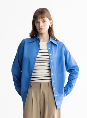 MESTLA 经典蓝色翻领衬衫女宽松慵懒风中长款简约80支高密棉衬衣