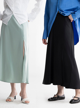 MESTLA春夏极简时髦三醋酸混纺开衩半身裙简约通勤缎面不对称长裙