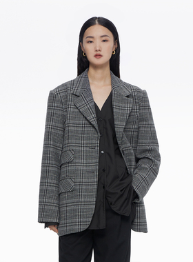 MESTLA春季格纹羊毛呢复古休闲外套百搭高级感垫肩廓形女士西装