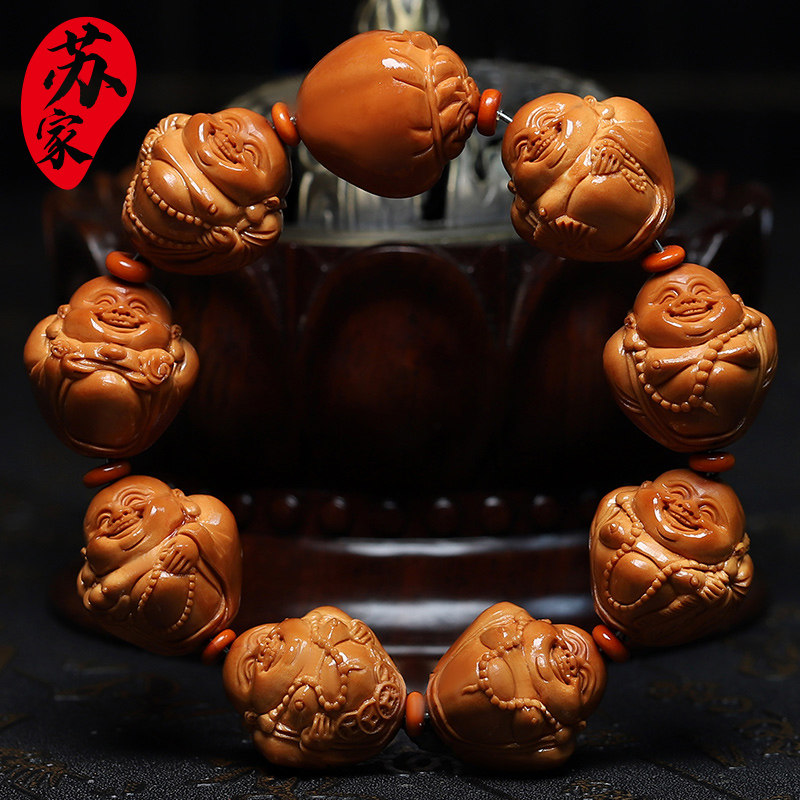 橄榄核手串23鲨鱼背弥勒精品核雕文玩手把件手工雕刻手链男女款