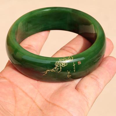 【小胡子玉器】和田玉 碧玉 菠菜绿 油润 60mm描金手镯