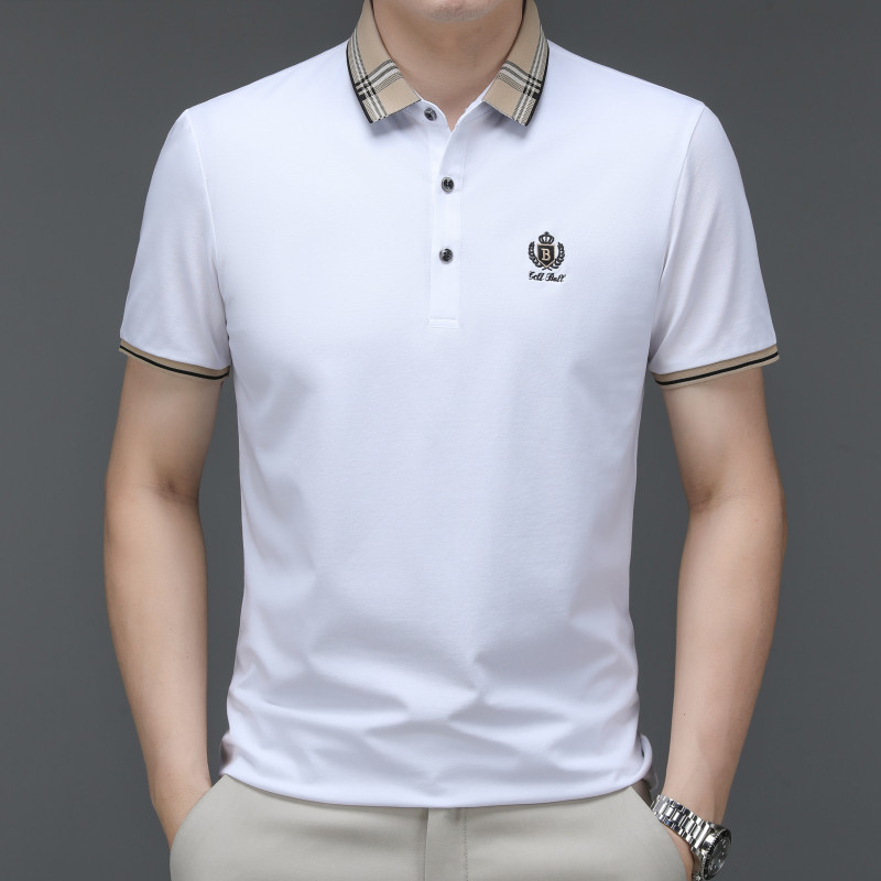 轻奢品牌男装t血桑蚕丝凉感爸爸夏季衣服薄款翻领白色POLO衫体恤T