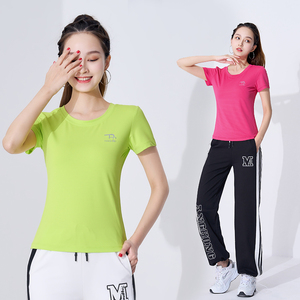 杨丽萍广场舞运动套装女健身跳舞服跑步训练速干短袖上衣夏季新款