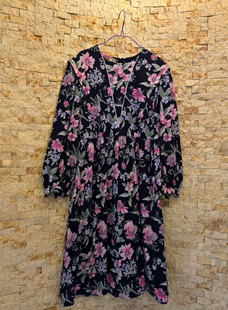 古着vintage复古假两件港风法式毛料精品春秋长袖印花花柄连衣裙