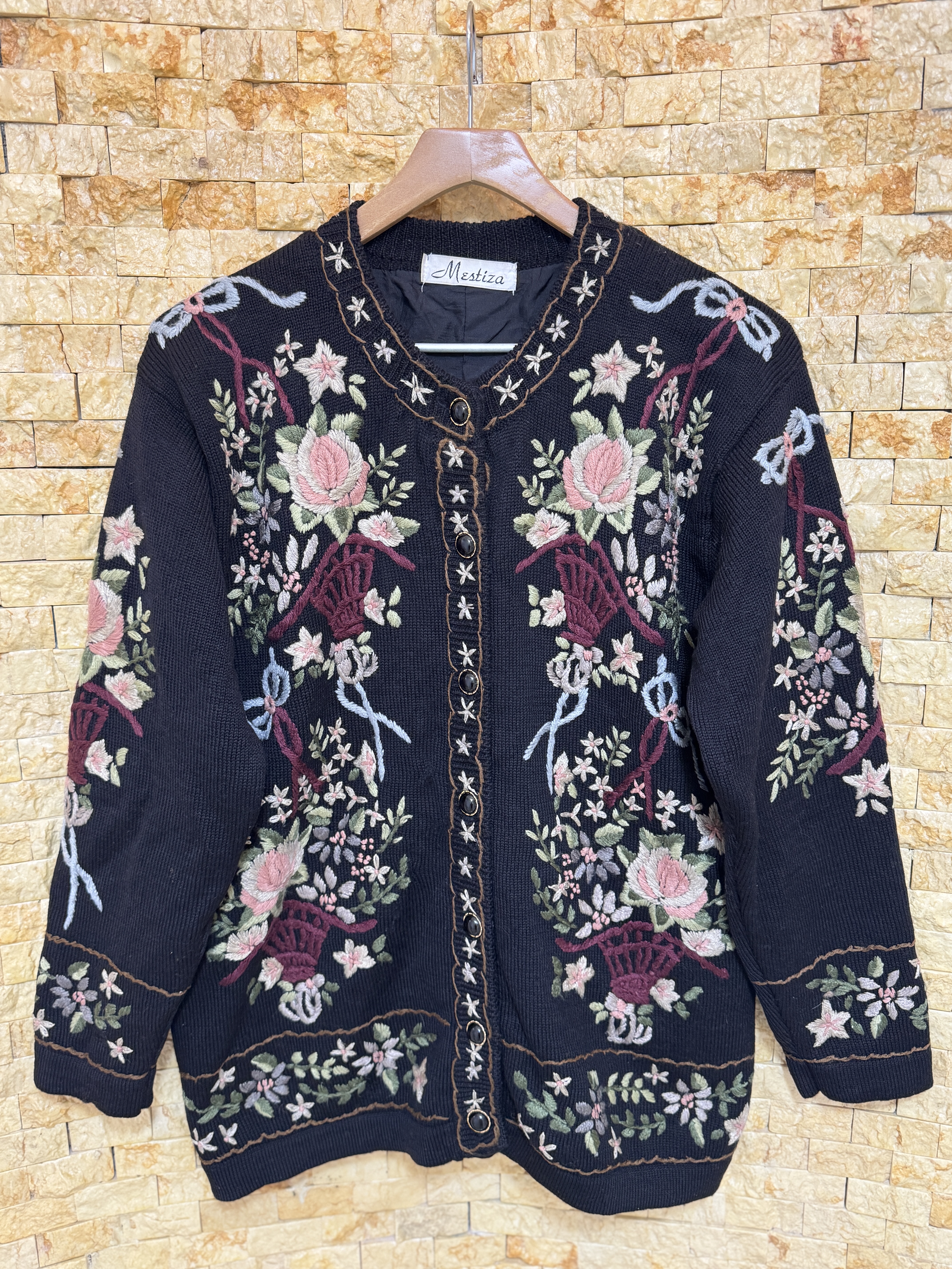 古着vintage孤品日系复古甜美民族立体手工钩花浮花羊毛毛衣外套