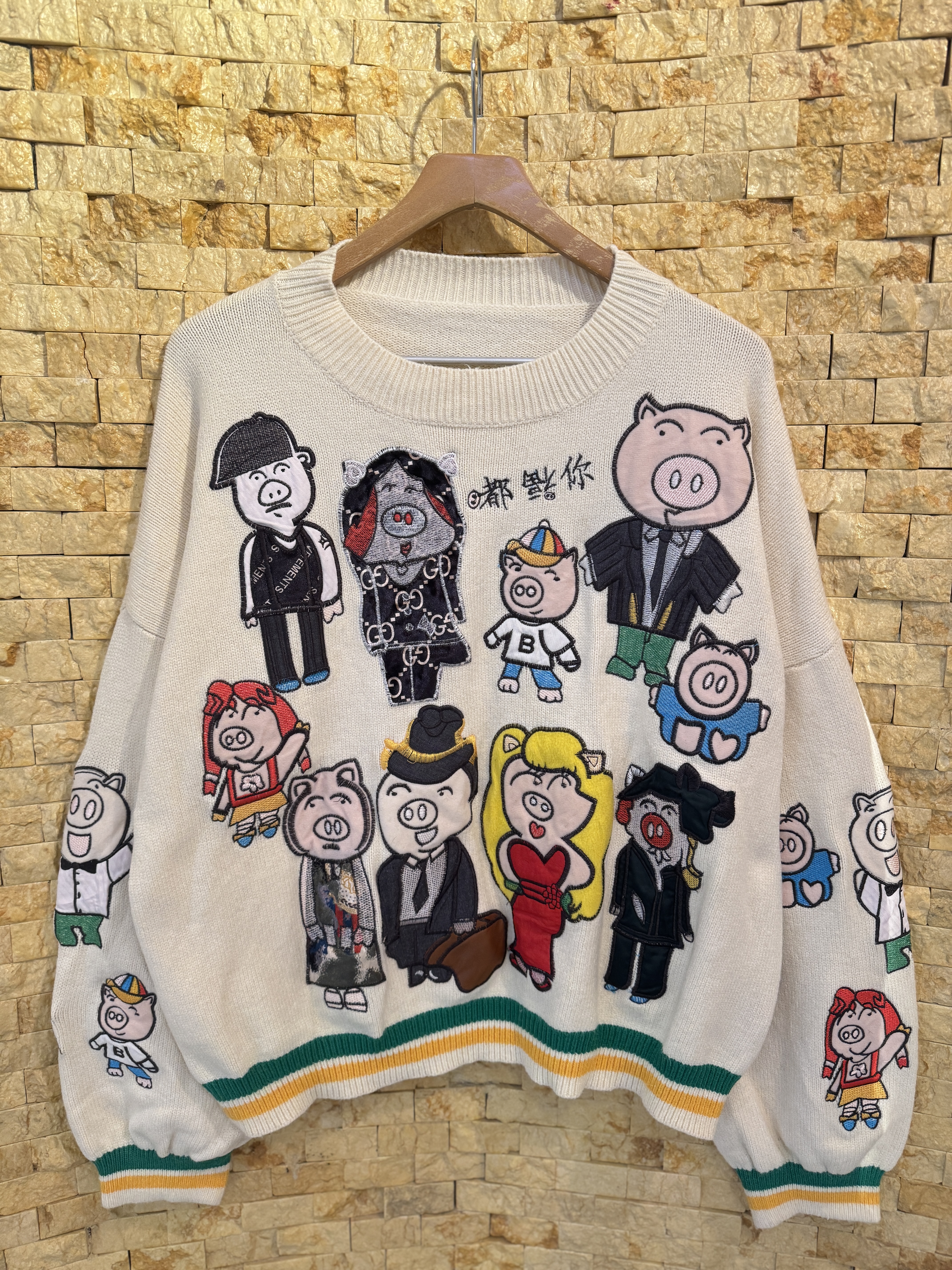 古着vintage孤品日系卡通可爱童趣贴布小猪一家宽松休闲毛衣套头
