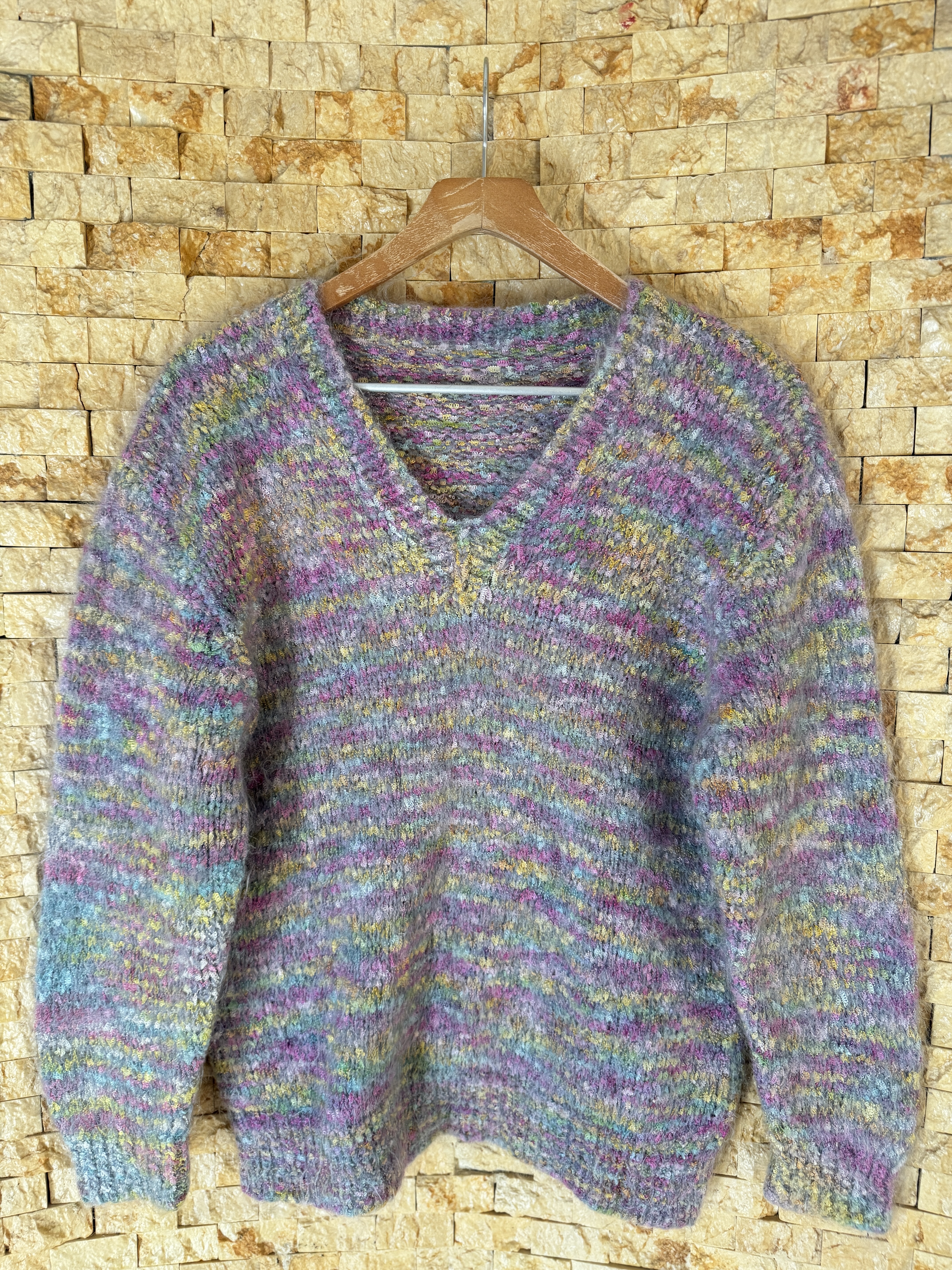 古着vintage孤品日系复古学院风休闲慵懒马海毛混色v领毛衣针织衫