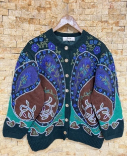 古着vintage孤品日制民族重磅手工棒针编织立体钩花羊毛毛衣外套