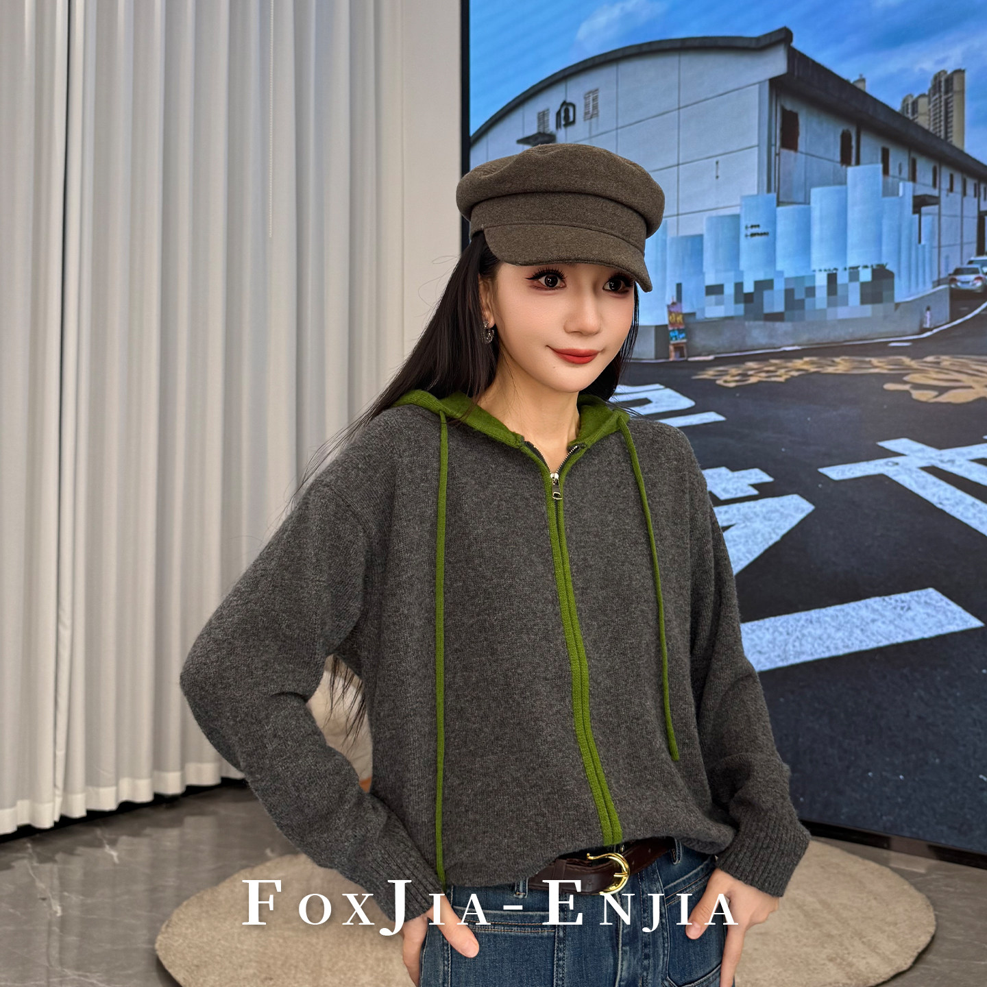 恩佳N【418】女士休闲连帽拼色拉链外套251017013