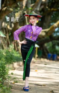 云南德宏风格微性感传统上衣傣族服装紫色蕾丝镂空单件上衣