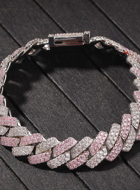 13mm情侣嘻哈手链时尚银粉拼色条形古巴链hiphop紫色锆石黑色项链