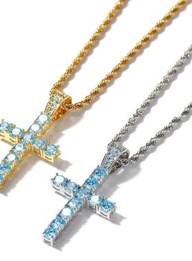 嘻哈蓝钻十字架吊坠项链真金电镀