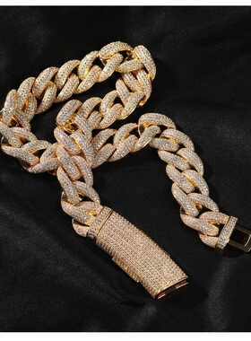 新款20mm铜镶锆石古巴链嘻哈说唱潮流百搭男士项链满钻情侣锁骨链