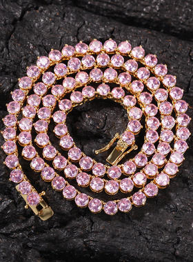 欧美嘻哈铜镶锆石项链三爪镶粉色潮情侣单排钻网球链Tennis Chain