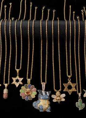 项链男潮高街欧美女夏不掉色嘻哈锆石个性吊坠hiphop挂坠镶钻单坠