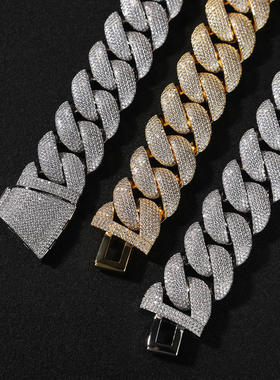 28mm宽铜镶锆石古巴链条密钻嘻哈男士项链满钻锁骨链潮流夸张手链