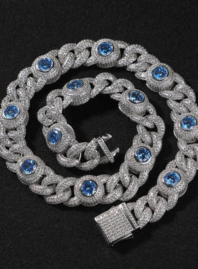 15mm新款铜镶蓝色锆石嘻哈古巴项链男女个性时尚多巴胺彩色潮手链