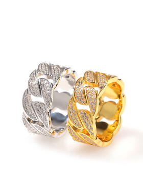 嘻哈新款镶锆石古巴戒指男女简约时尚镀金情侣指环出口潮流饰品