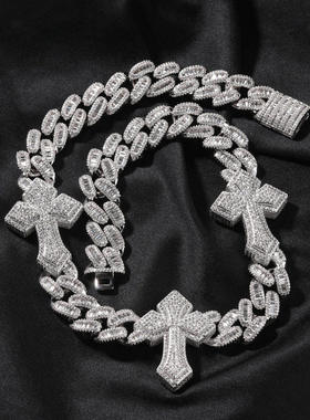 15mm铜镶锆石十字架古巴链hiphop男士街舞炫酷时尚朋克满钻潮项链