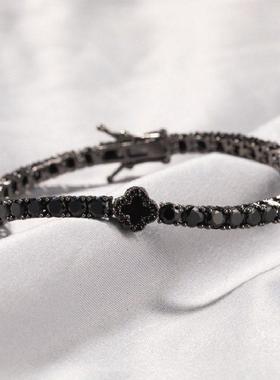 4mm单排铜镶锆石男士手链嘻哈简约项链时尚黑色四叶草女士网球链