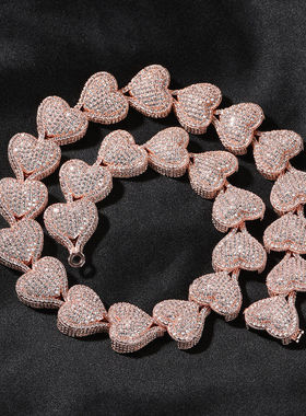 17mm满钻爱心手链铜镶锆石嘻哈男项链BlingBling颈链夸张流行饰品