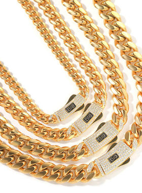 新款镶锆石扣头8-14MM光面古巴链个性潮牌嘻哈项链hiphop说唱手链