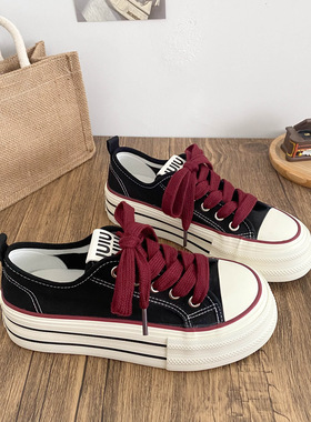 帆布鞋女款2025新款黑色鞋子学生 夏季透气休闲增高板鞋女鞋软底
