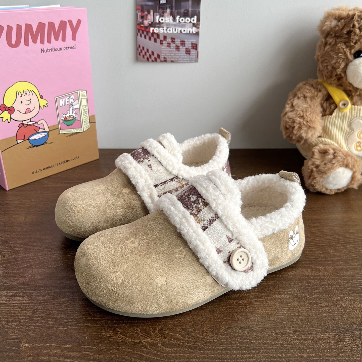 超火勃肯鞋毛绒保暖棉鞋冬外穿女新款增高加厚棕色鞋子女鞋毛毛鞋