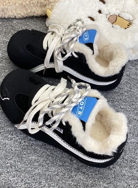 黑色鞋子女鞋冬季加绒德训鞋女款 新款复古增高阿甘鞋休闲板鞋潮