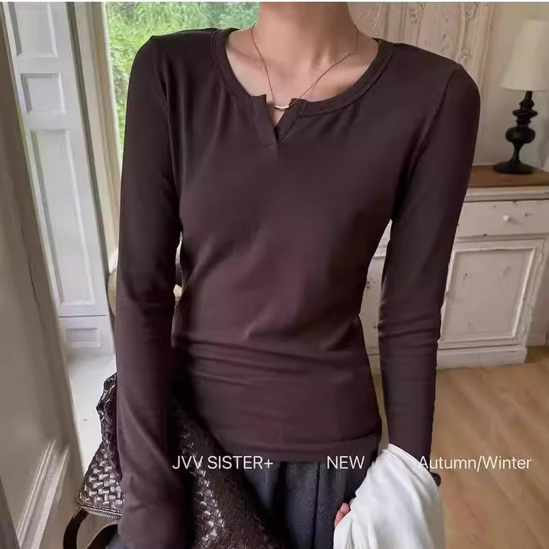 JVV SISTER简约小V领纯色长袖T恤女秋修身显瘦百搭打底衫内搭上衣