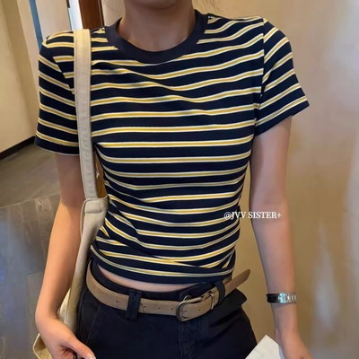 JVVSISTER韩系复古撞色条纹圆领短袖T恤女春夏新款百搭显瘦上衣潮