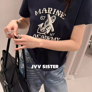 JVVSISTER春夏设计师美母短袖T恤衫女宽松显瘦百搭上衣洋气百搭