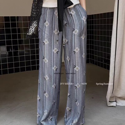JVV SISTER时尚松紧高腰印花人棉阔腿裤女夏季宽松休闲百搭直筒裤