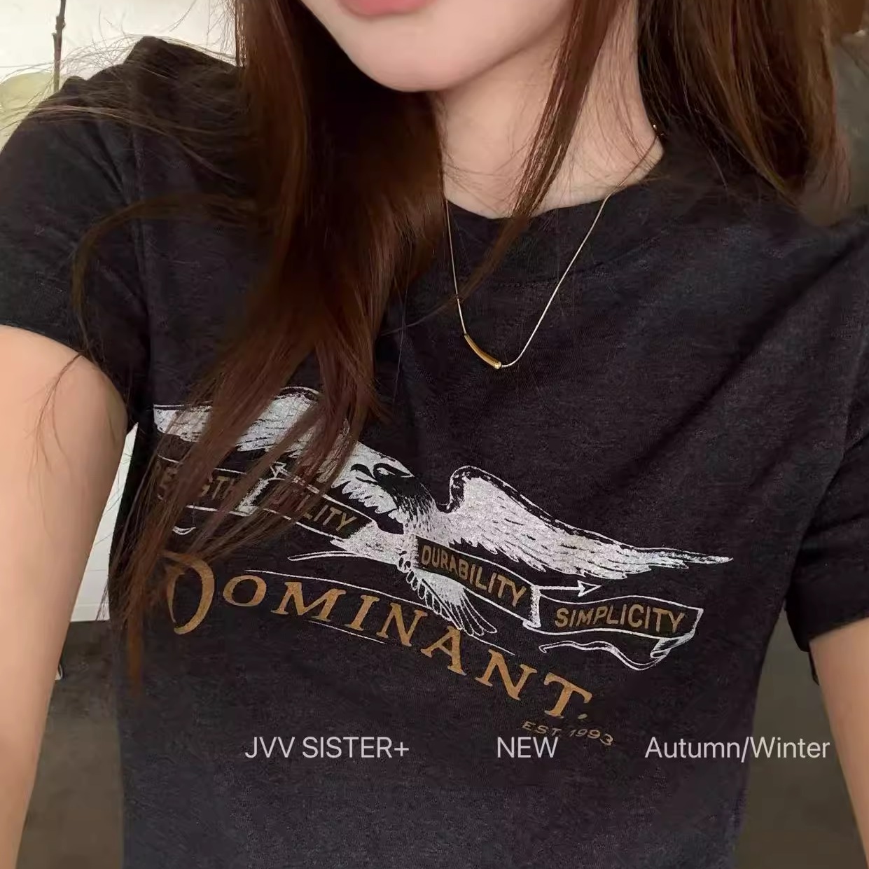 JVVSISTER秋冬字母撞色短袖T恤衫女修身显瘦百搭洋气上衣打底衫